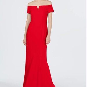Calvin Klein Women's Off The Shoulder Center Notch Red Gown
